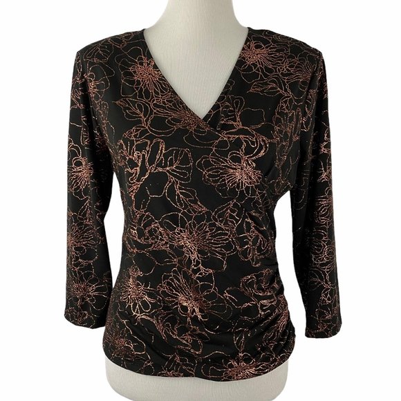 MSK Black Rose Gold Glitter Floral Wrap Top L - Picture 3 of 13